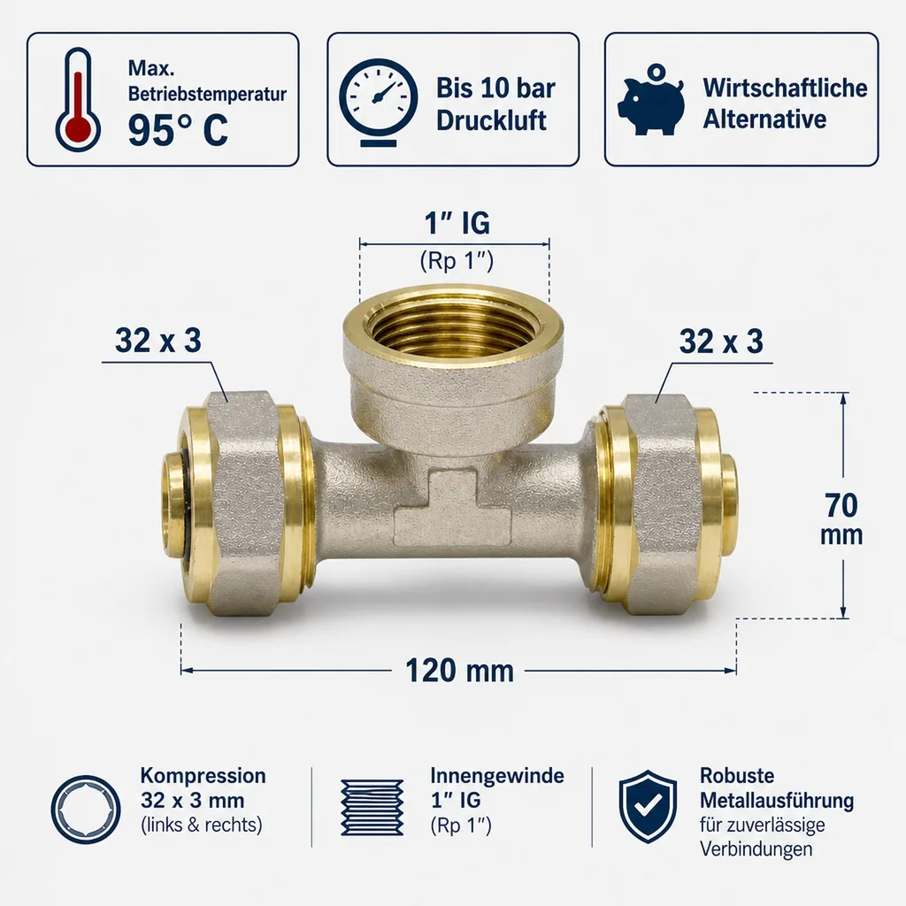 Schraubfitting T-Stück 32 x 3 - 1" IG - 32 x 3