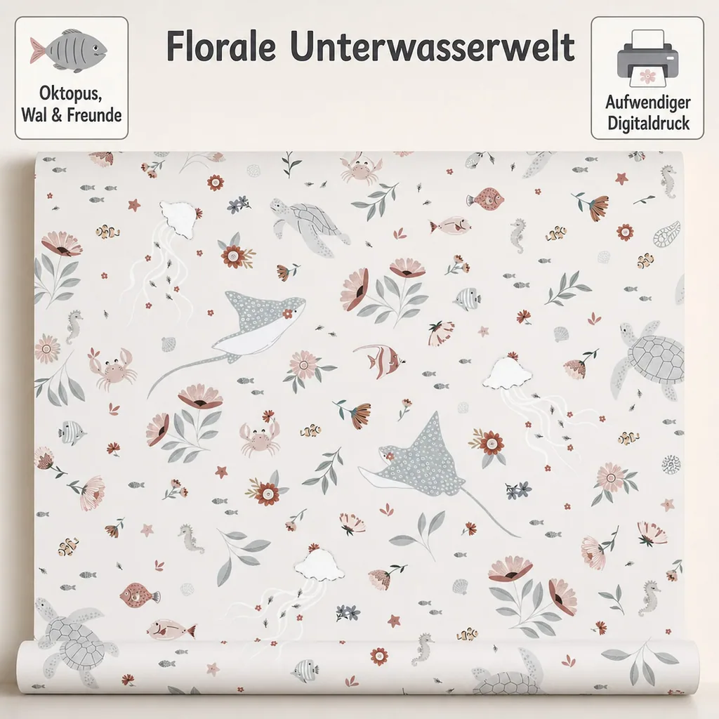 Lilipinso Vlies Tapete Florale Unterwasserwelt grau rosa