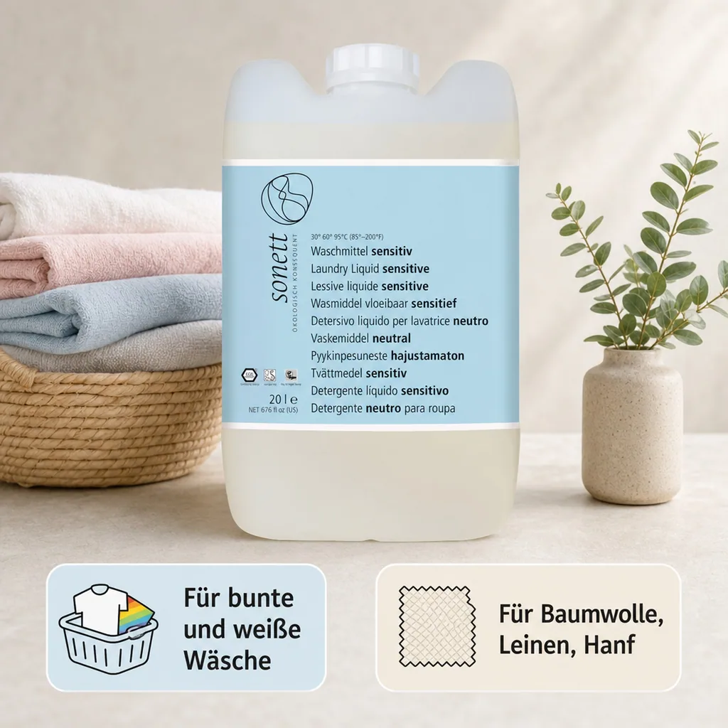 Sonett Waschmittel Flüssig Sensitiv 20L ohne Duft & Farbstoffe, biologisch abbaubar, ergiebig