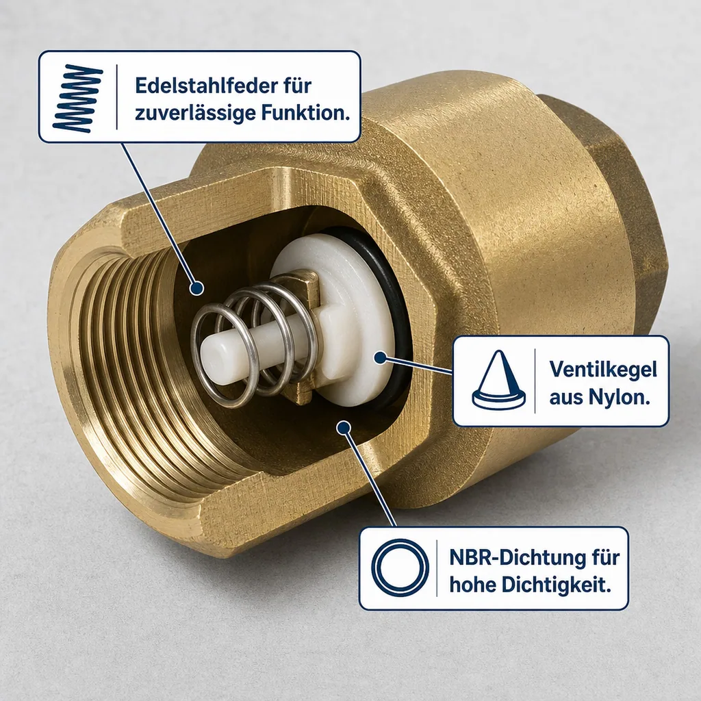 Rückschlagventil 1 Zoll, Messing, mit Feder, Innengewinde