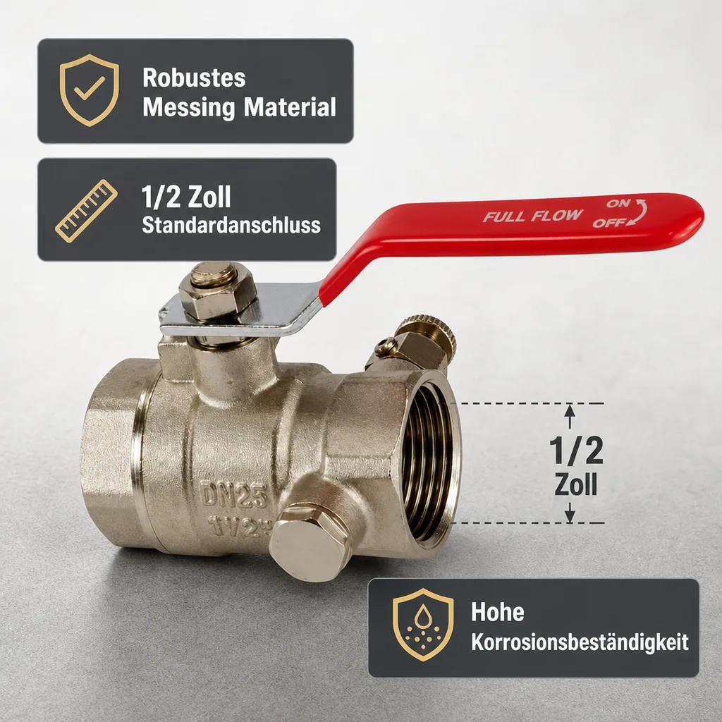 Kugelhahn 1/2 Zoll mit Entleerung, Messing, Hebel