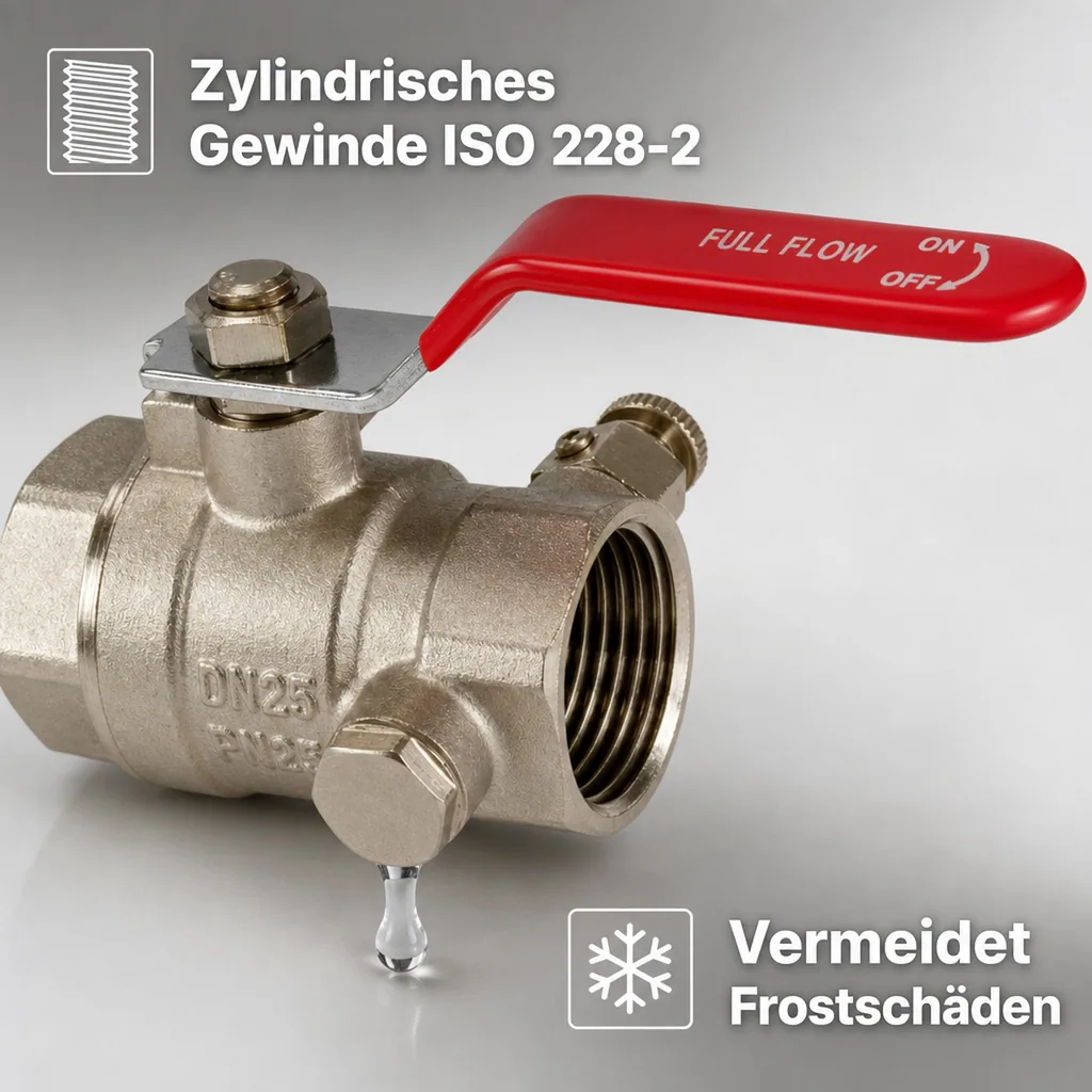 Kugelhahn 3/4 Zoll mit Entleerung, Messing, Hebel Kugelhahn
