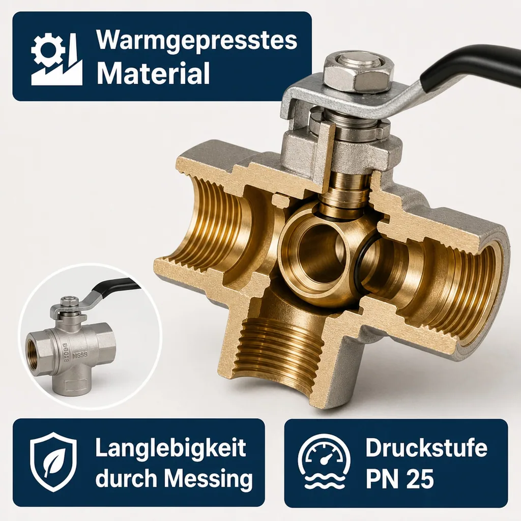3 Wege Kugelhahn 1 Zoll, Messing, Innengewinde