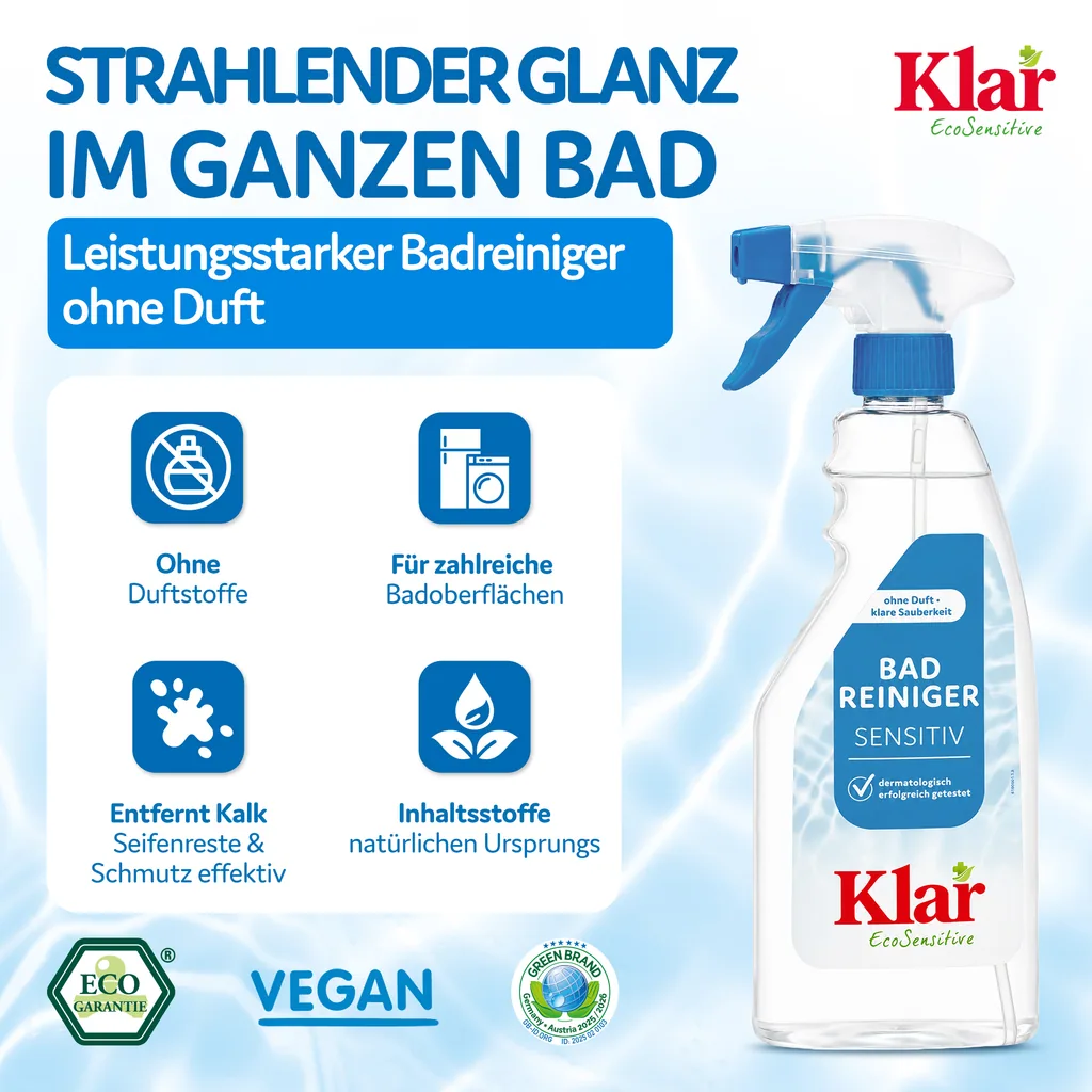 KLAR Badreiniger parfümfrei 500ml ohne Duft mit Schaumsprayer