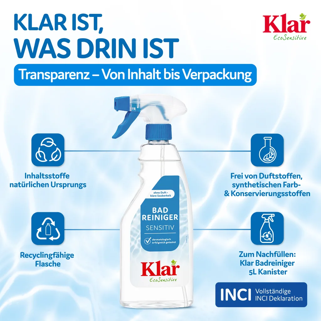 KLAR Badreiniger parfümfrei 500ml ohne Duft mit Schaumsprayer