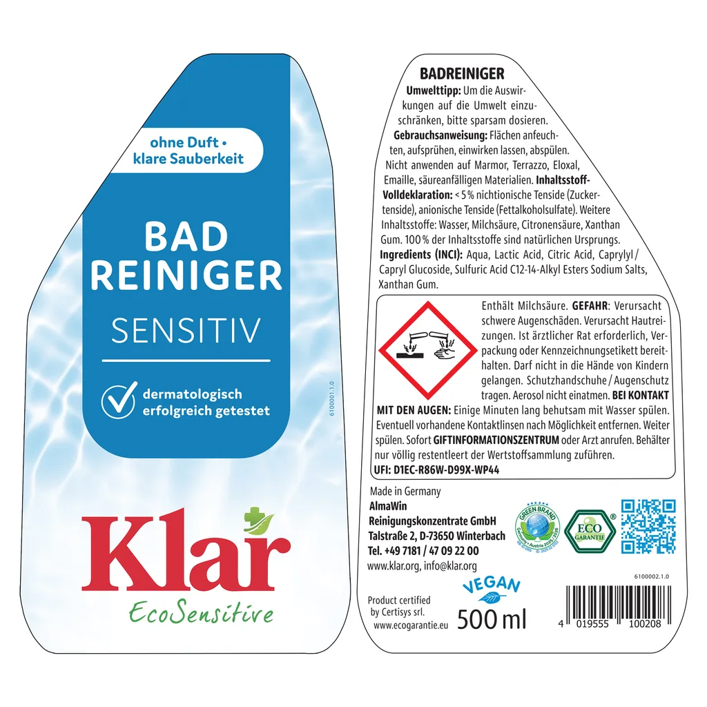 KLAR Badreiniger parfümfrei 500ml ohne Duft mit Schaumsprayer