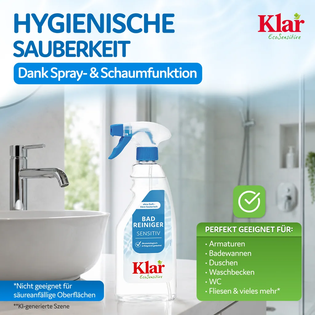 KLAR Badreiniger parfümfrei 500ml ohne Duft mit Schaumsprayer