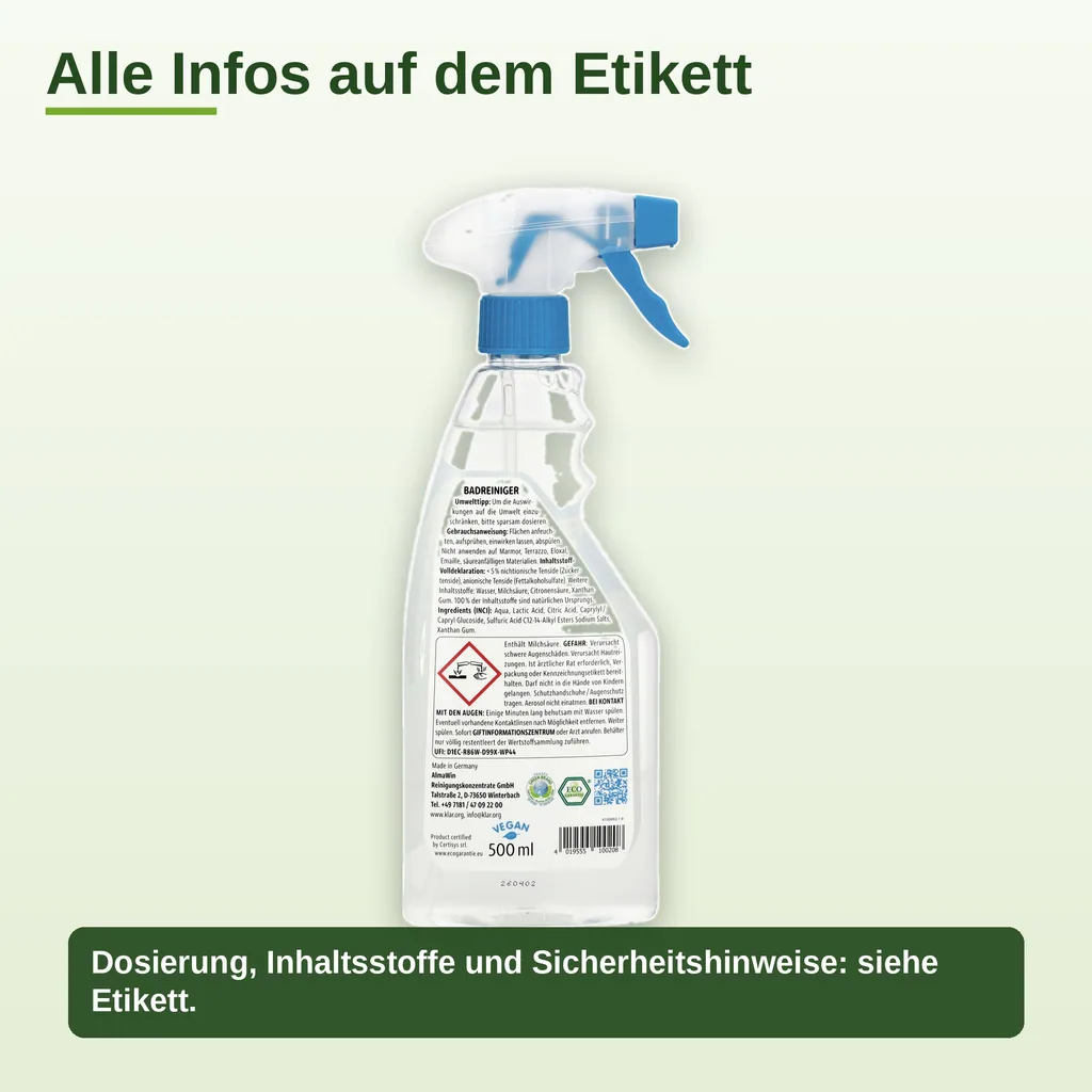 KLAR Badreiniger parfümfrei 500ml ohne Duft mit Schaumsprayer