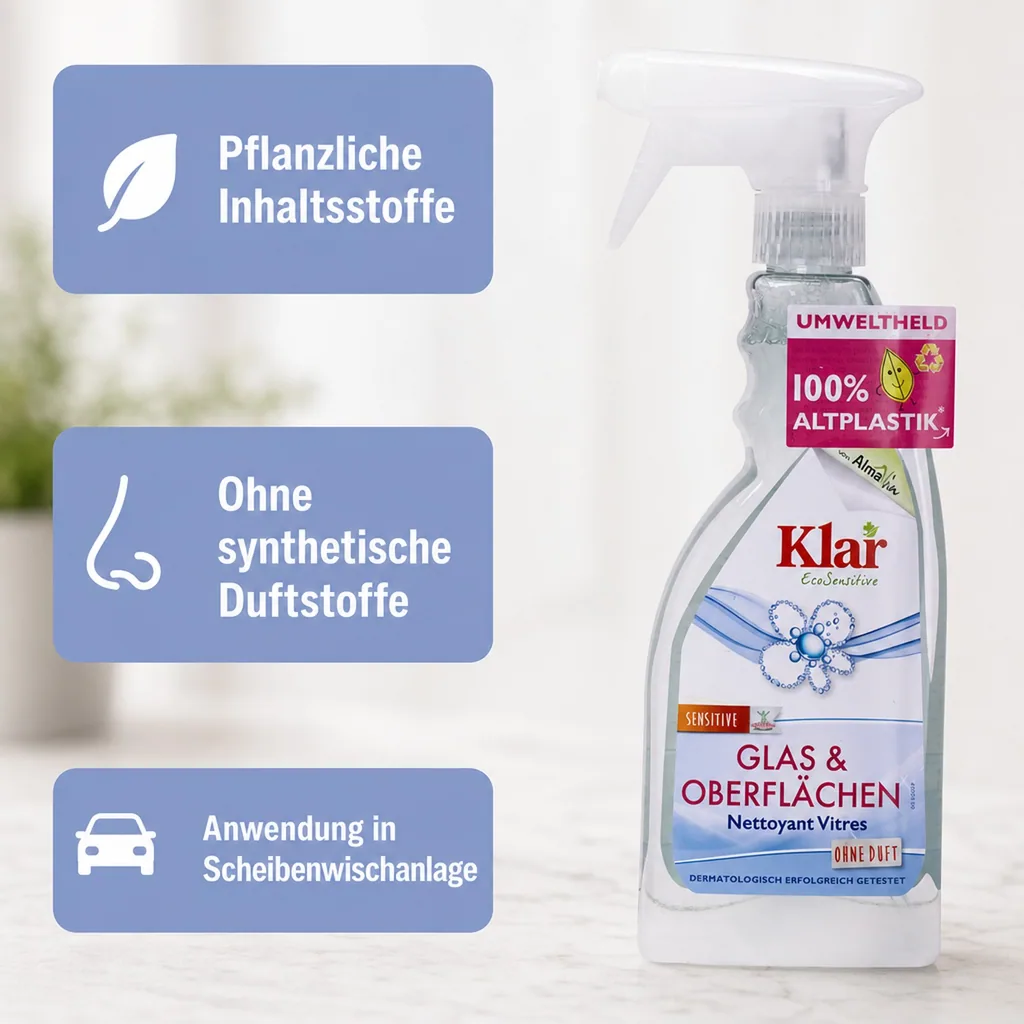 KLAR Glas- und Oberflächenreiniger 500ml ohne Duft mit Schaumsprayer