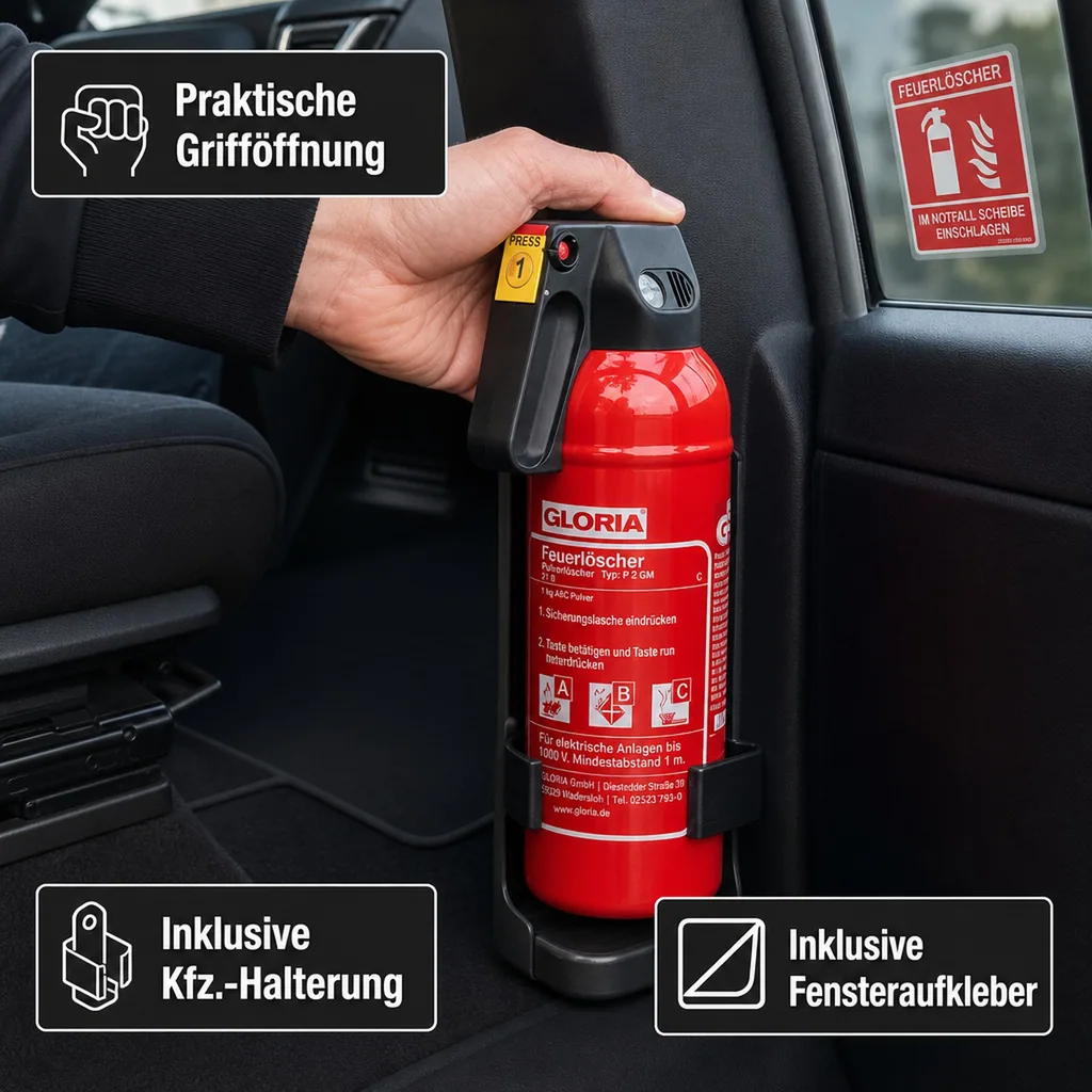 Feuerlöscher, Pulverlöscher - P 2 GM, mit Kfz.-Halter - Kompakter ABC-Löscher für Ihr Auto