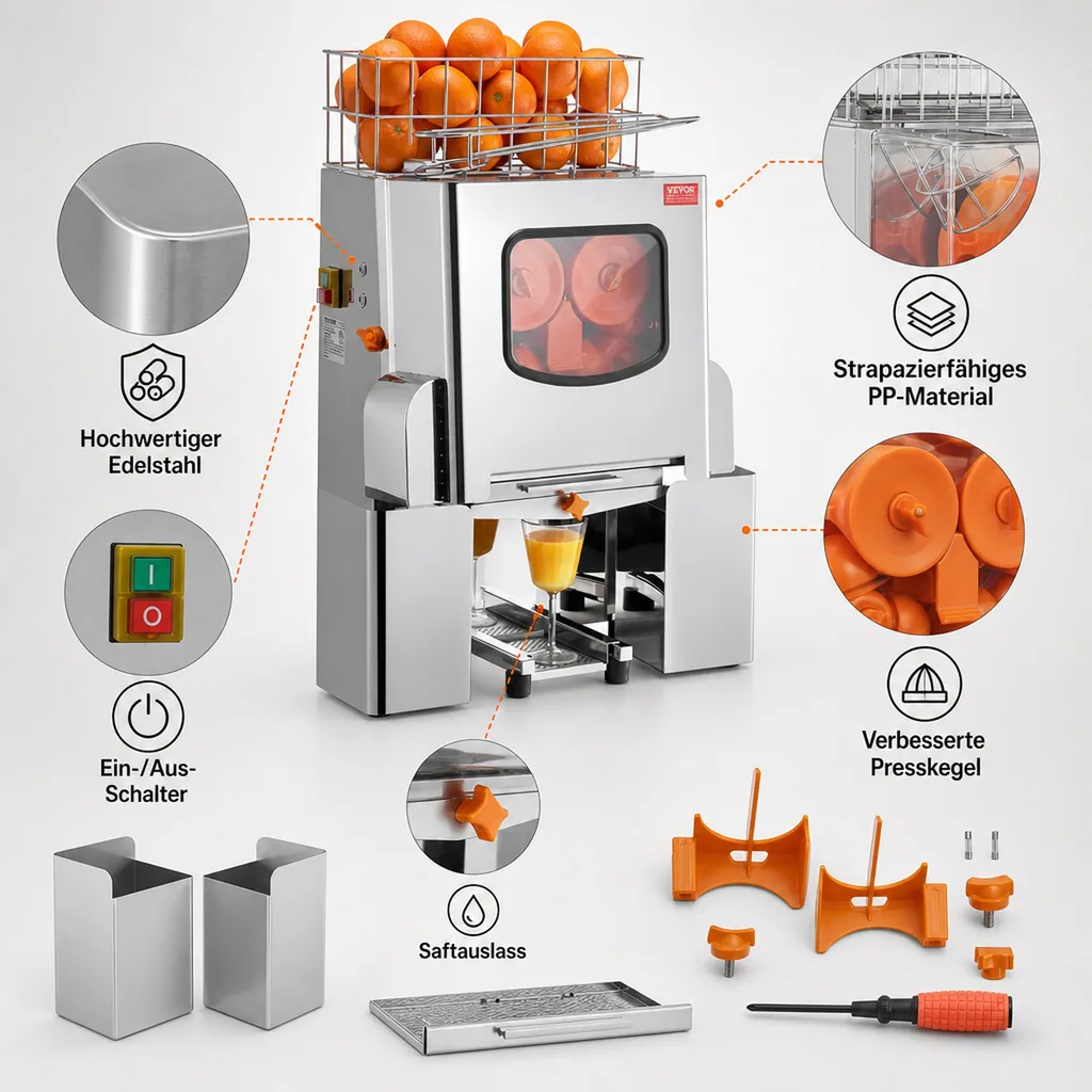Saftpresse, Zitruspresse, Orangenpresse - Edelstahl, Kommerziell, 49,5 x 32,0 x 78,0 cm