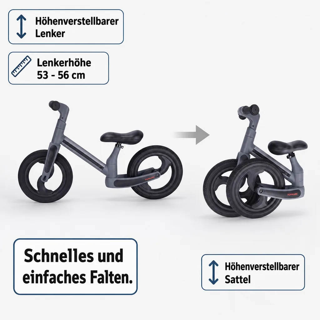 Topmark Laufrad Kinder, Balance Bike, Balance Fahrrad Kinder - Matte, Grau