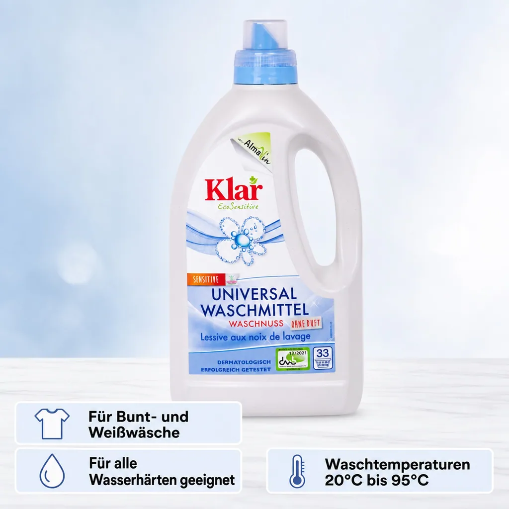 KLAR Universal Waschmittel Waschnuss flüssig 1,5 Liter für 20°C bis 95°C geeignet