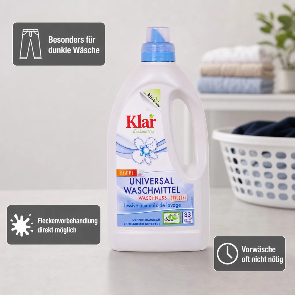 KLAR Universal Waschmittel Waschnuss flüssig 1,5 Liter für 20°C bis 95°C geeignet