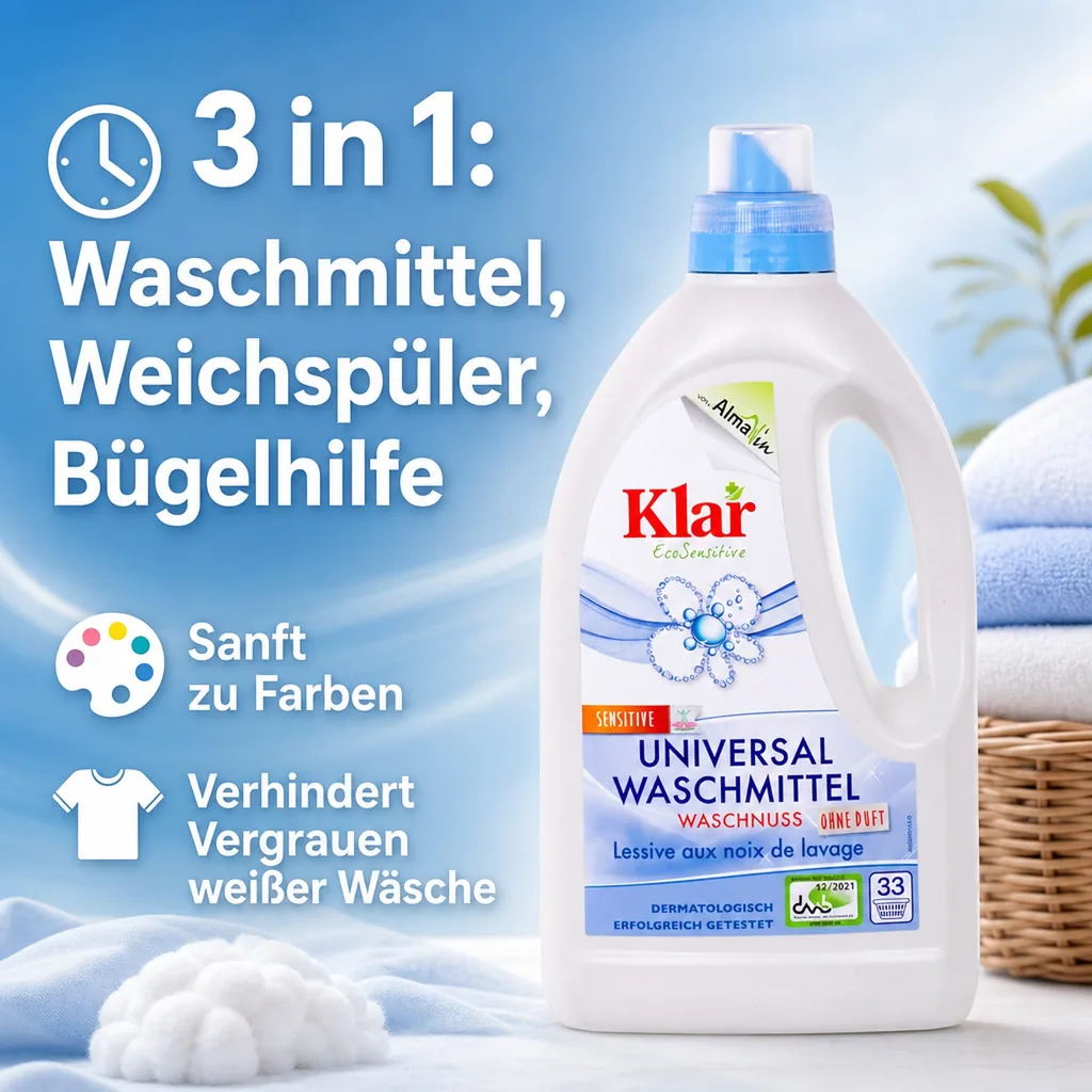 KLAR Universal Waschmittel Waschnuss flüssig 1,5 Liter für 20°C bis 95°C geeignet