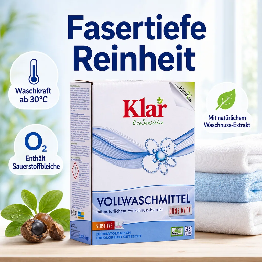 KLAR Vollwaschmittel Pulver 2,475kg mit natürlichem Waschnuss-Extrakt