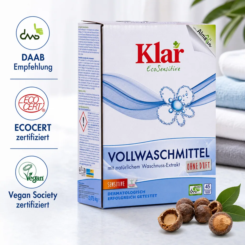 KLAR Vollwaschmittel Pulver 2,475kg mit natürlichem Waschnuss-Extrakt