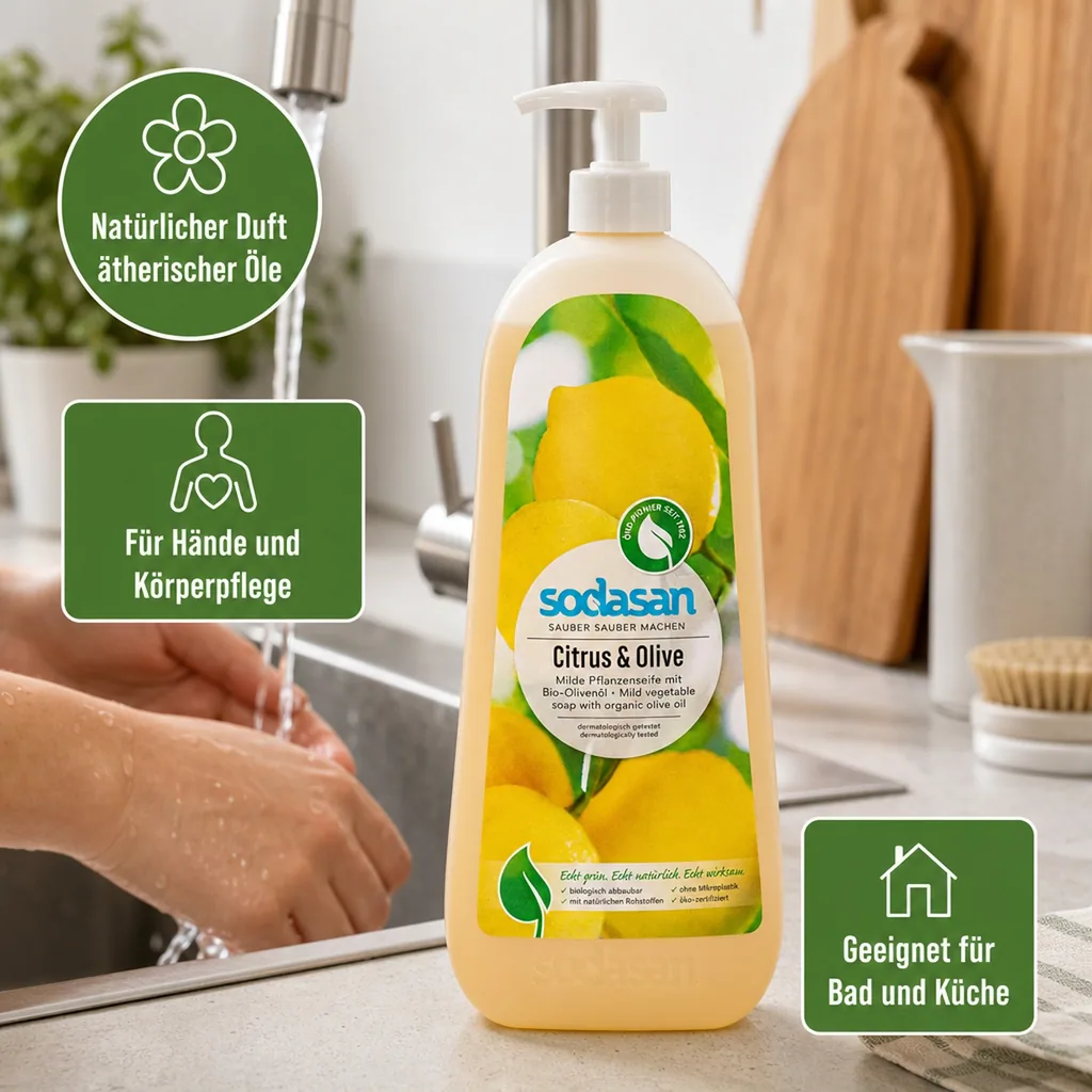 SODASAN Flüssigseife Liquid Citrus-Olive 1 Liter Pflanzenseife