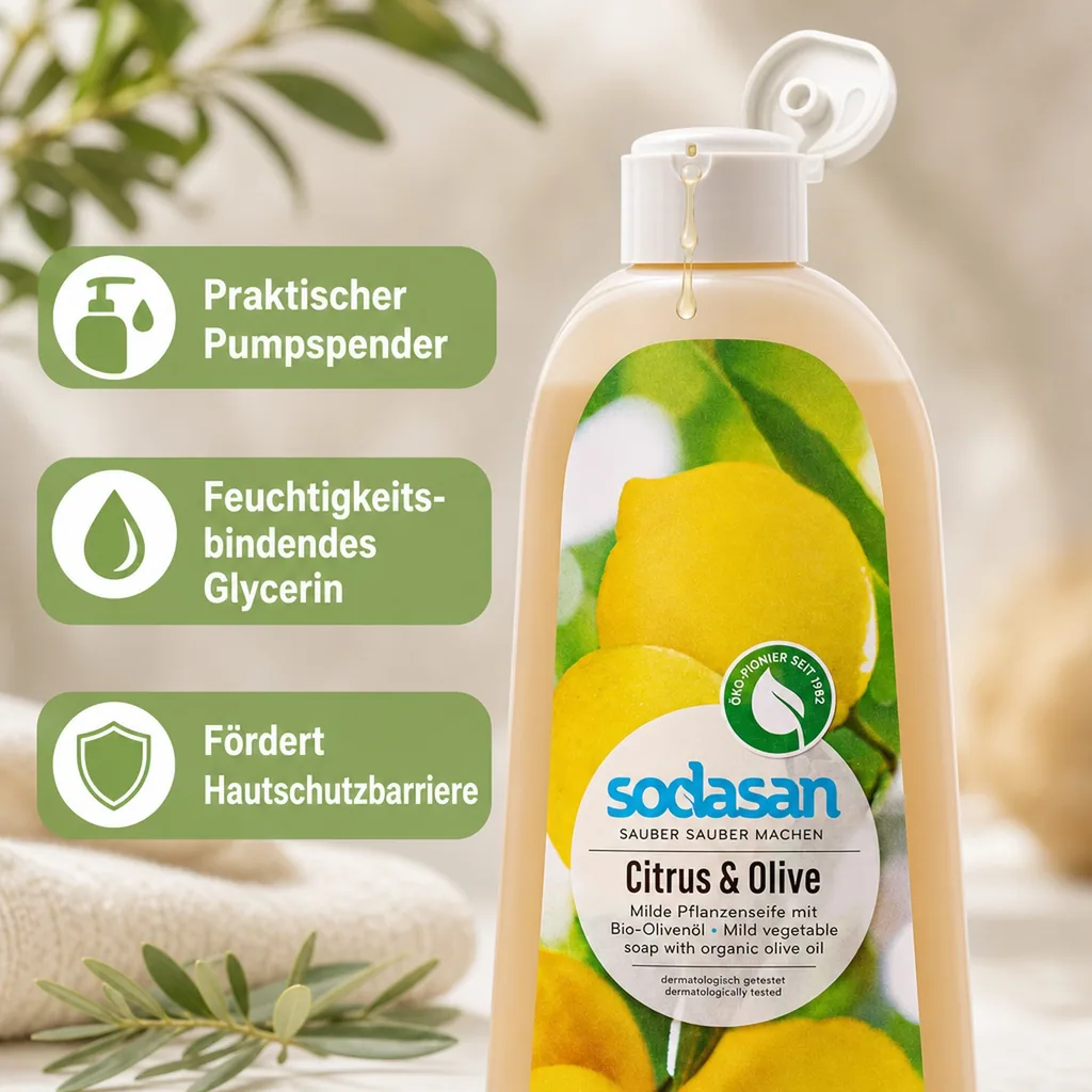 SODASAN Flüssigseife Liquid Citrus-Olive 1 Liter Pflanzenseife