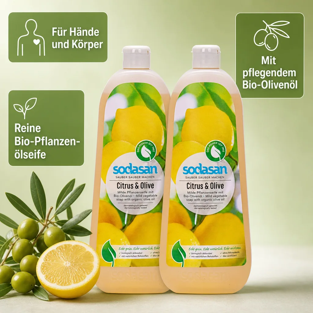 SODASAN Flüssigseife Liquid Citrus-Olive 2 x 1 Liter