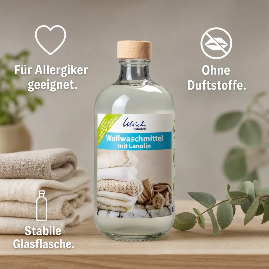 ULRICH natürlich Wollwaschmittel mit Lanolin 500 ml in der Glasflasche mit Echtholz-Verschluss