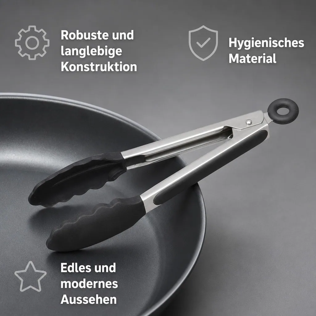 Küchenzange, Grillzange, Servierzange - Hitzebeständige Silikonzange mit Soft-Grip Griffen und Verschluss