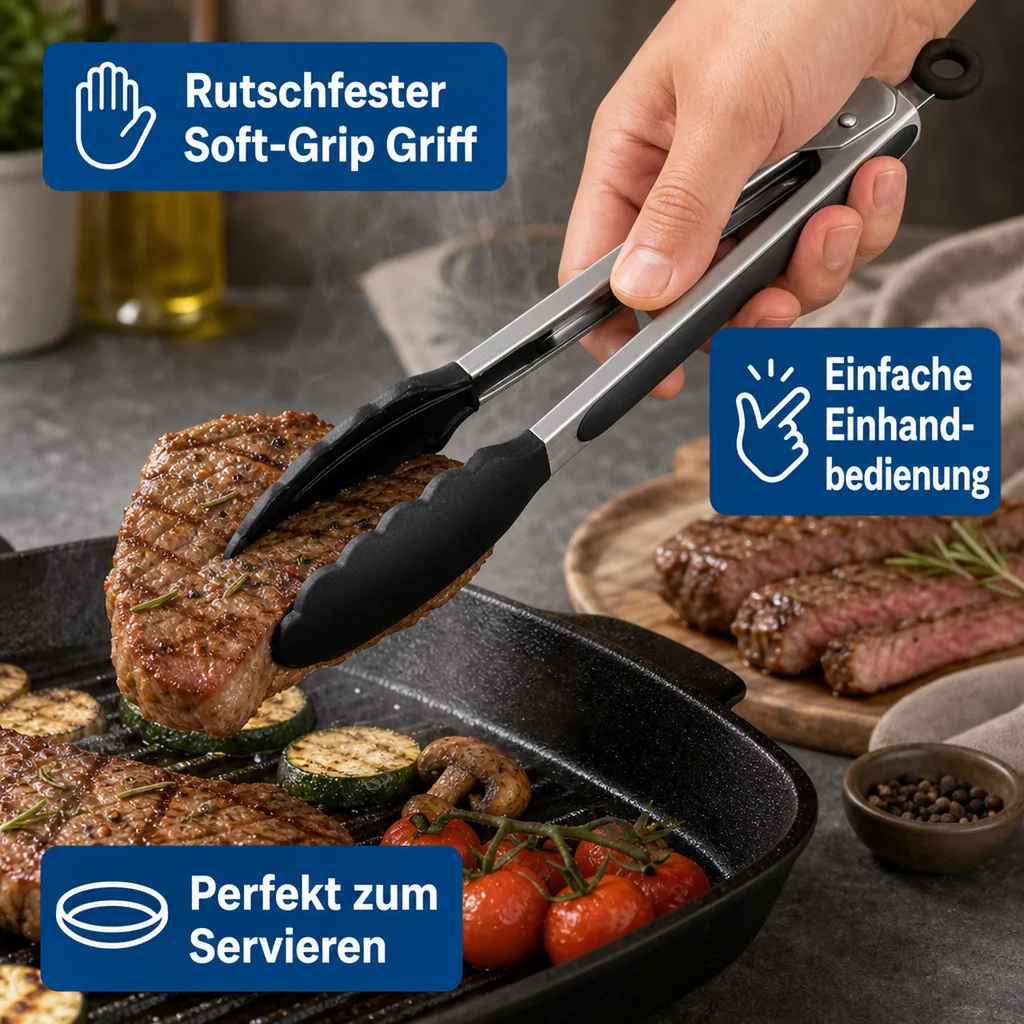 Küchenzange, Grillzange, Servierzange - Hitzebeständige Silikonzange mit Soft-Grip Griffen und Verschluss