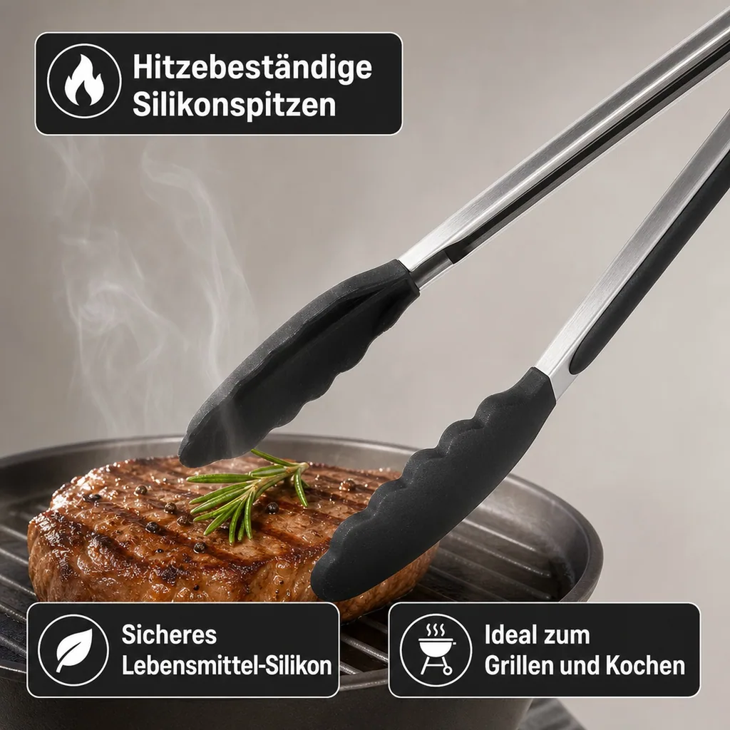 Küchenzange, Grillzange, Servierzange - Hitzebeständige Silikonzange mit Soft-Grip Griffen und Verschluss