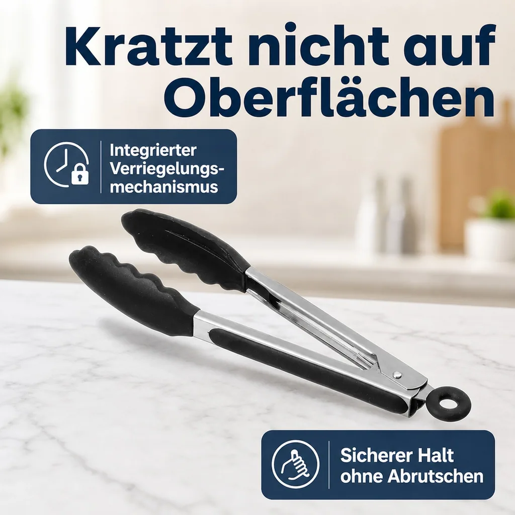 Küchenzange, Grillzange, Servierzange - Hitzebeständige Silikonzange mit Soft-Grip Griffen und Verschluss