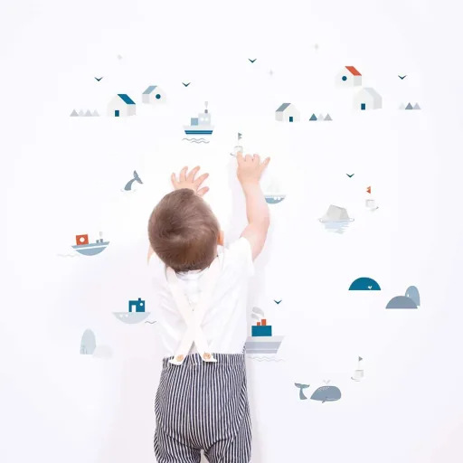 Lilipinso Wandsticker A3 Schiffe Häuser und Wale grau blau rot