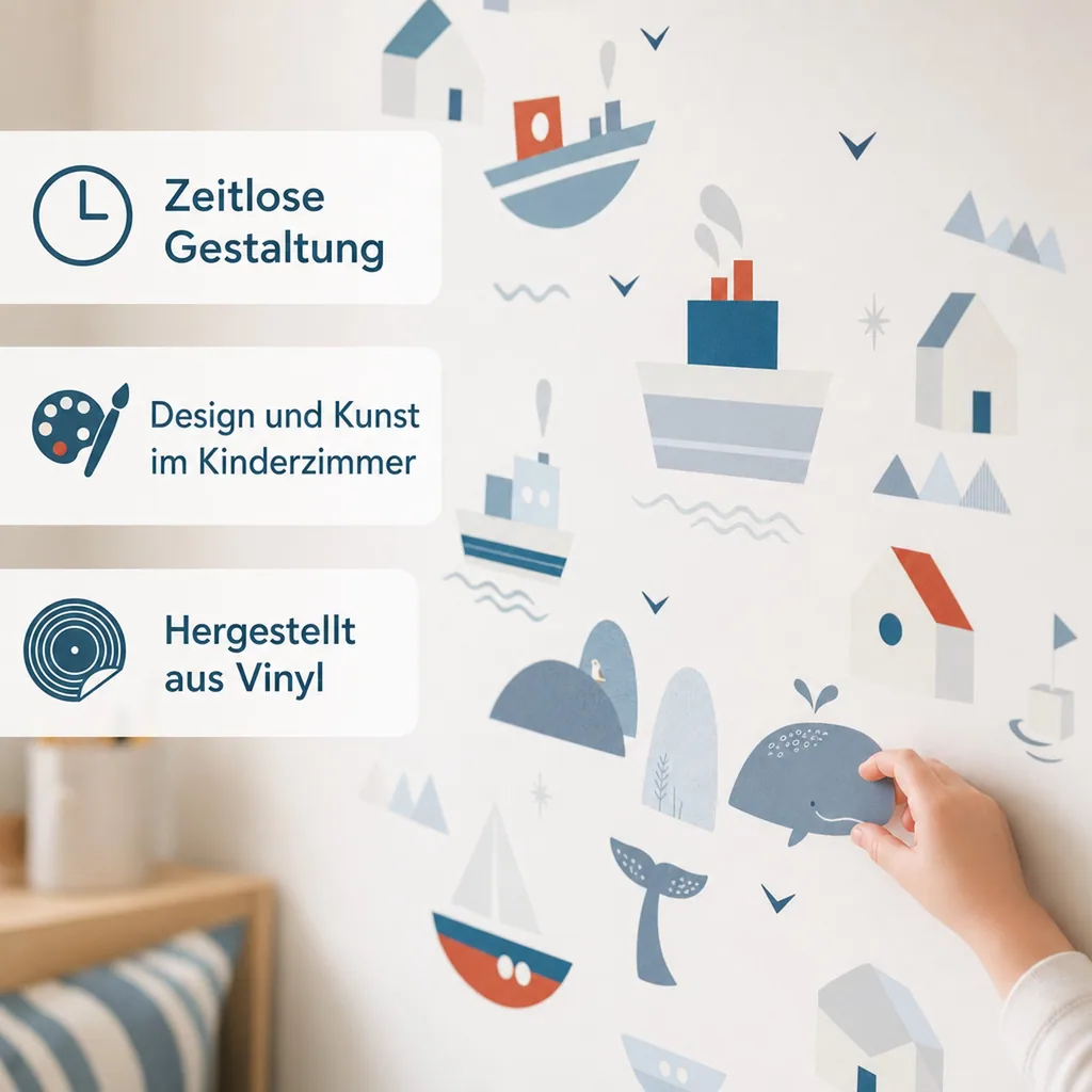 Lilipinso Wandsticker A3 Schiffe Häuser und Wale grau blau rot