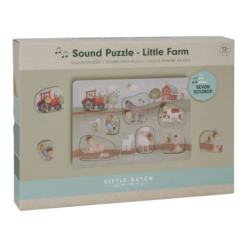 Little Dutch Holzpuzzle, Kinderpuzzle, Soundpuzzle Little Farm - Lernspielzeug mit Tiergeräuschen für Kinder ab 12 Monaten