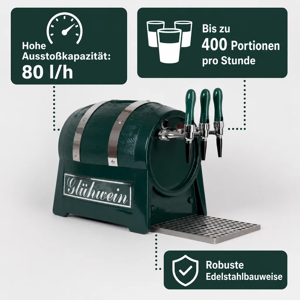 Glühweinzapfanlage, Getränke durchlauferhitzer - mit integriertem Luftkompressor, Fassform, 3-leitig 6 kW