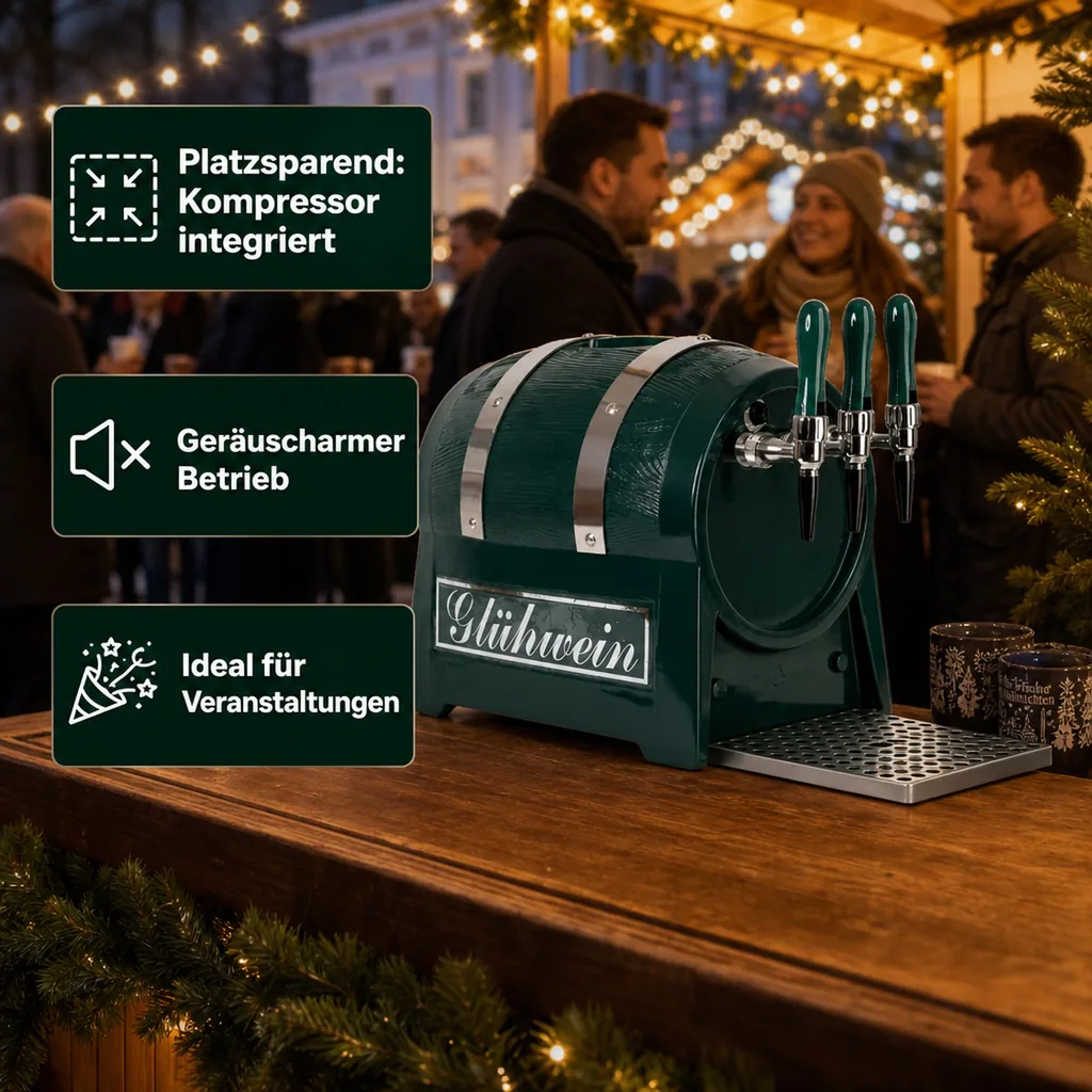 Glühweinzapfanlage, Getränke durchlauferhitzer - mit integriertem Luftkompressor, Fassform, 3-leitig 6 kW