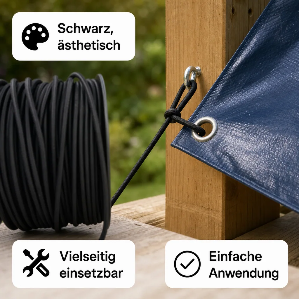 Expanderseil 6 mm, schwarz, 1 Meter, Gummiseil, Planenseil