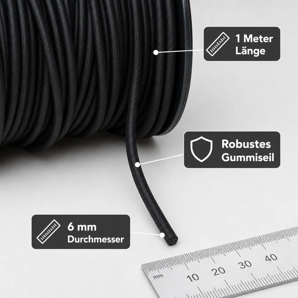 Expanderseil 6 mm, schwarz, 1 Meter, Gummiseil, Planenseil