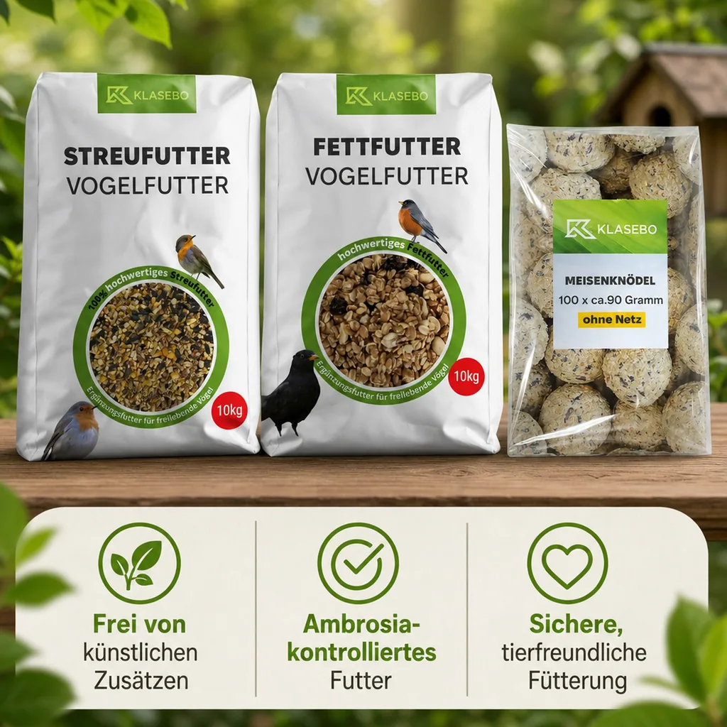 Vogelfutter Ganzjahres Set: Streufutter 10kg, Fettfutter 10kg, Insektenfettbällchen 100 Stk. ohne Netz