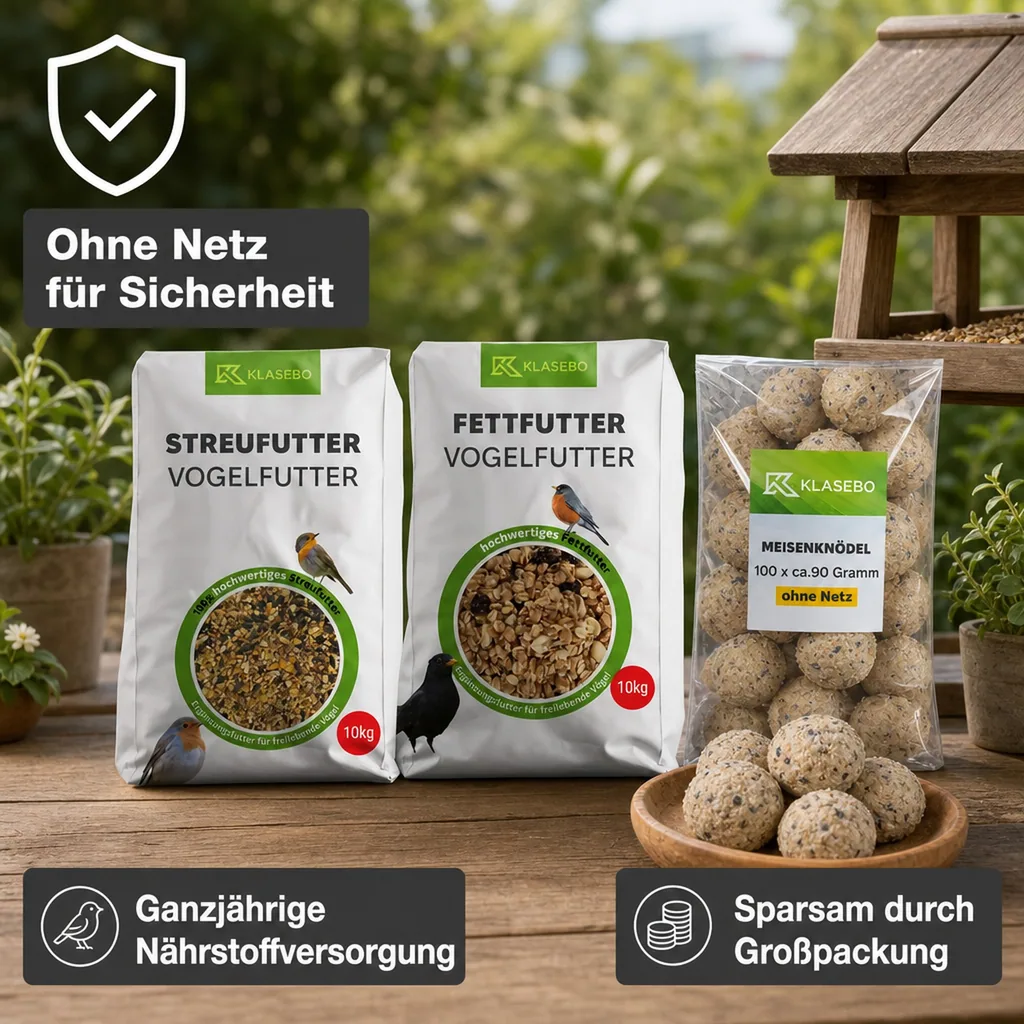 Vogelfutter Ganzjahres Set: Streufutter 10kg, Fettfutter 10kg, Insektenfettbällchen 100 Stk. ohne Netz