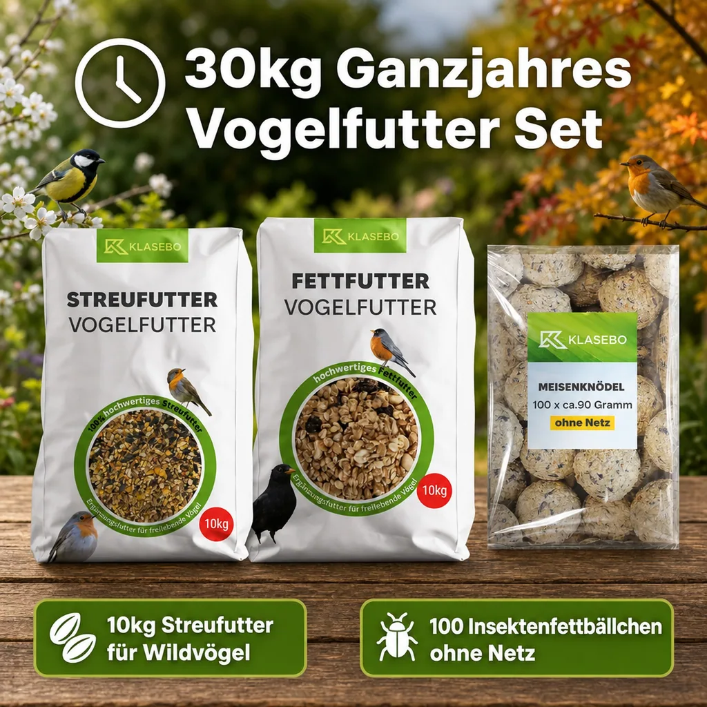 Vogelfutter Ganzjahres Set: Streufutter 10kg, Fettfutter 10kg, Insektenfettbällchen 100 Stk. ohne Netz