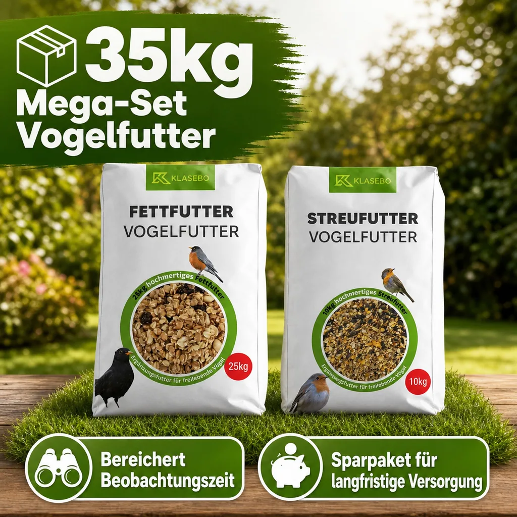 Vogelfutter 35kg Mega-Set: Streufutter 10kg + Fettfutter-Mischung 25kg für Wildvögel
