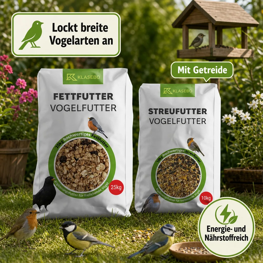 Vogelfutter 35kg Mega-Set: Streufutter 10kg + Fettfutter-Mischung 25kg für Wildvögel
