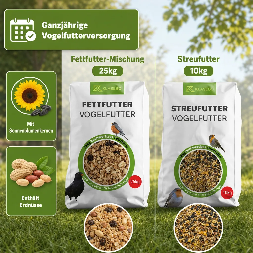 Vogelfutter 35kg Mega-Set: Streufutter 10kg + Fettfutter-Mischung 25kg für Wildvögel