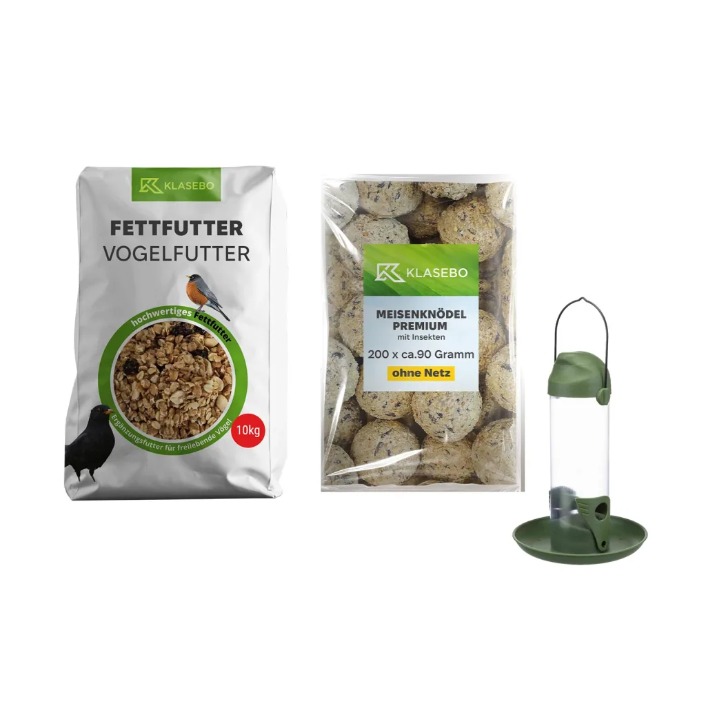 Set Bird Feeder Complete 10kg – Hanging Tube Feeder 500 ml, Premium Insect Fat Balls 200 pcs. à approx. 90 g, Wild Bird Food 10 kg