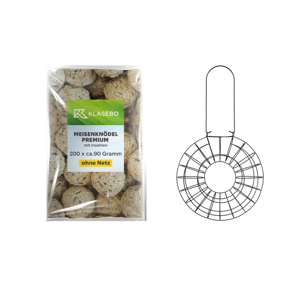 Meisenknödel Set: 200 Stk.  90g mit Insekten & Mehlwürmern + Robuster Metall-Futterspender