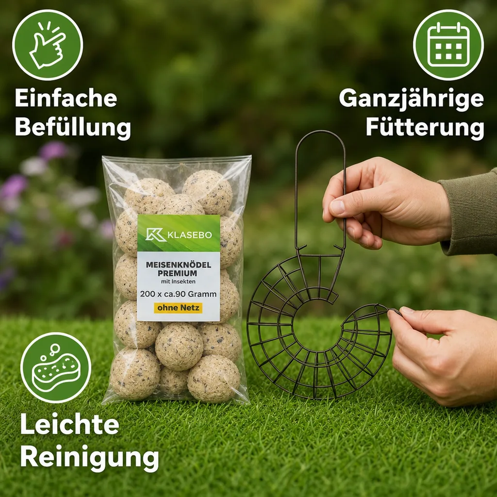 Meisenknödel Set: 200 Stk.  90g mit Insekten & Mehlwürmern + Robuster Metall-Futterspender