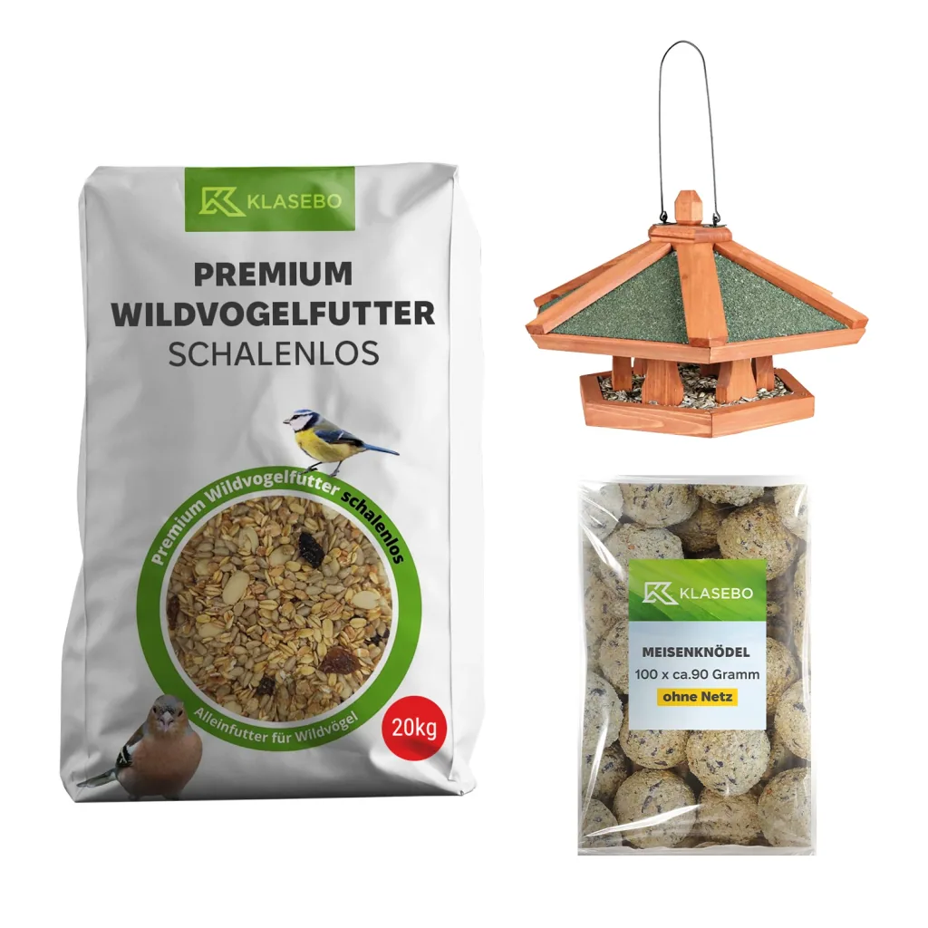 Wildvogelfutter Komplett-Set: Meisenknödel mit Insekten 100 Stk. à ca. 90g netzlos, hängendes Futterhaus aus Kiefernholz 42x24cm, Wildvogelfutter schalenfrei 20kg