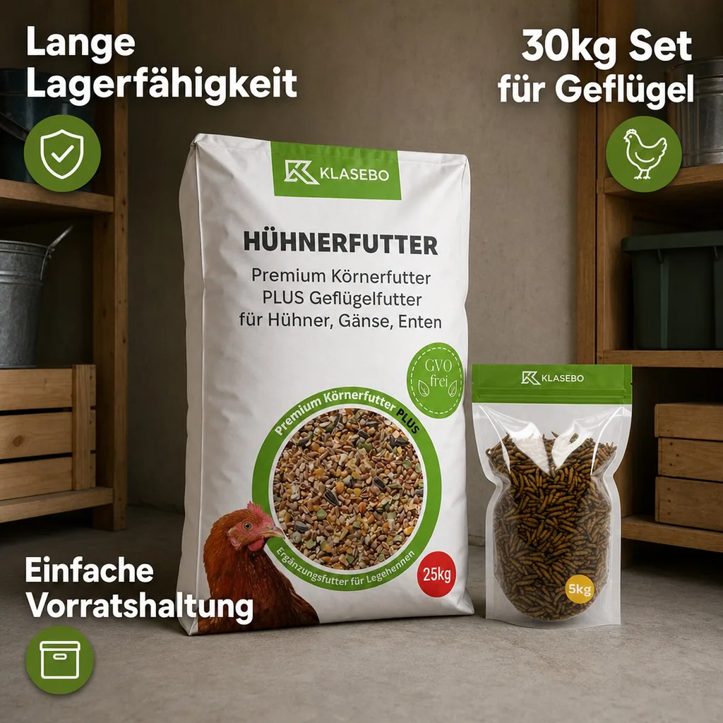 Set Hühnerfutter mit Insekten 30kg - Premium Geflügelfutter 25kg, Getrocknete Schwarzkopfmaden 5kg