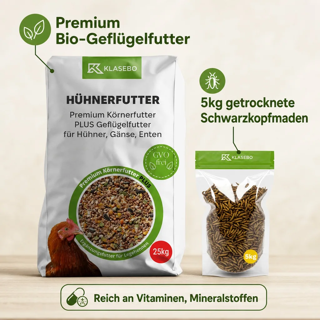 Set Hühnerfutter mit Insekten 30kg - Premium Geflügelfutter 25kg, Getrocknete Schwarzkopfmaden 5kg