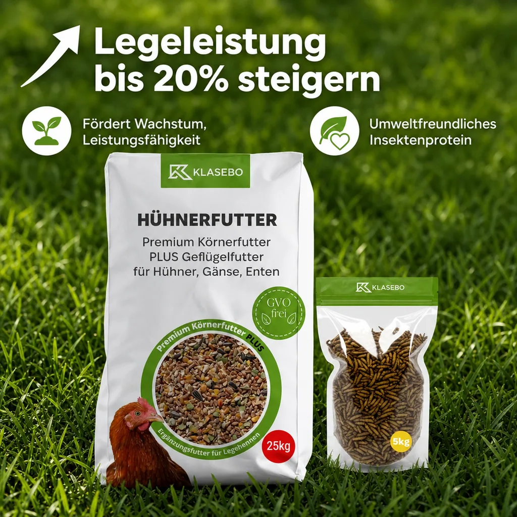 Set Hühnerfutter mit Insekten 30kg - Premium Geflügelfutter 25kg, Getrocknete Schwarzkopfmaden 5kg
