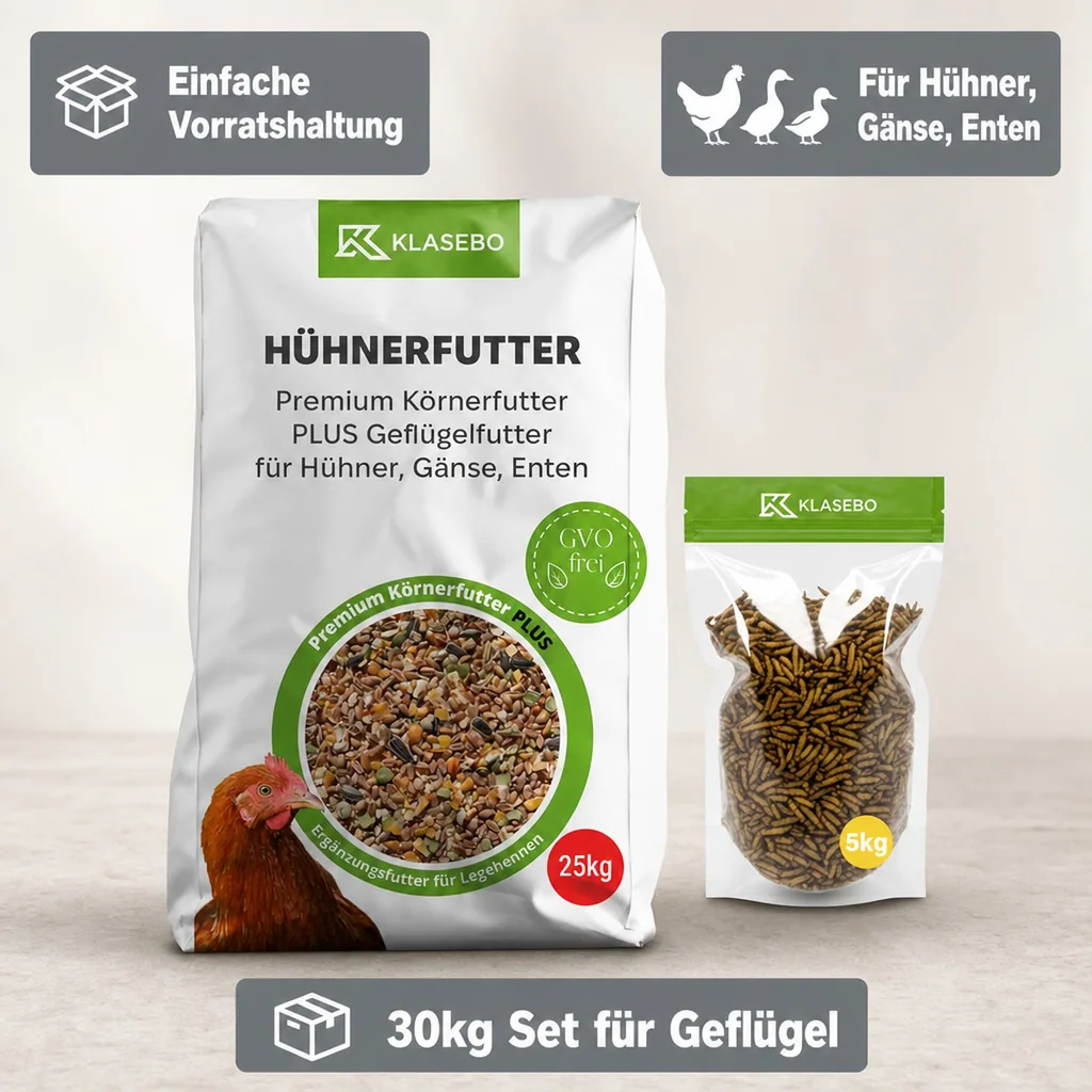 Set Hühnerfutter mit Insekten 30kg - Premium Geflügelfutter 25kg, Getrocknete Schwarzkopfmaden 5kg